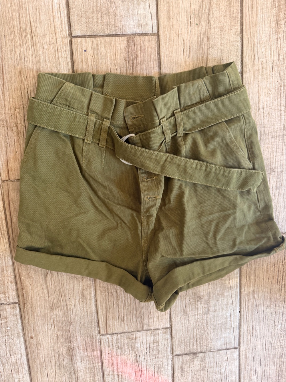 Free People Olive Green Cotton Belted paper bag shorts